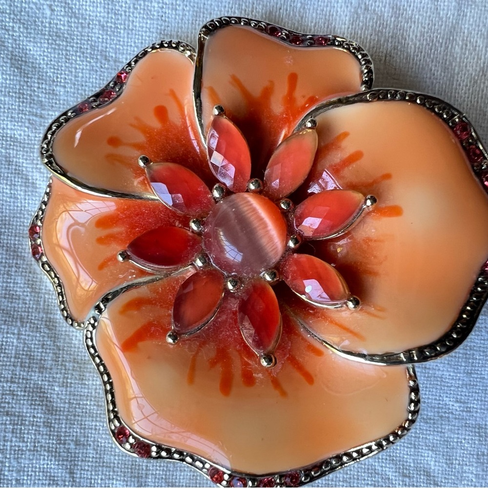 Vintage Enamel, Rhinestone, Beaded Flower Brooch